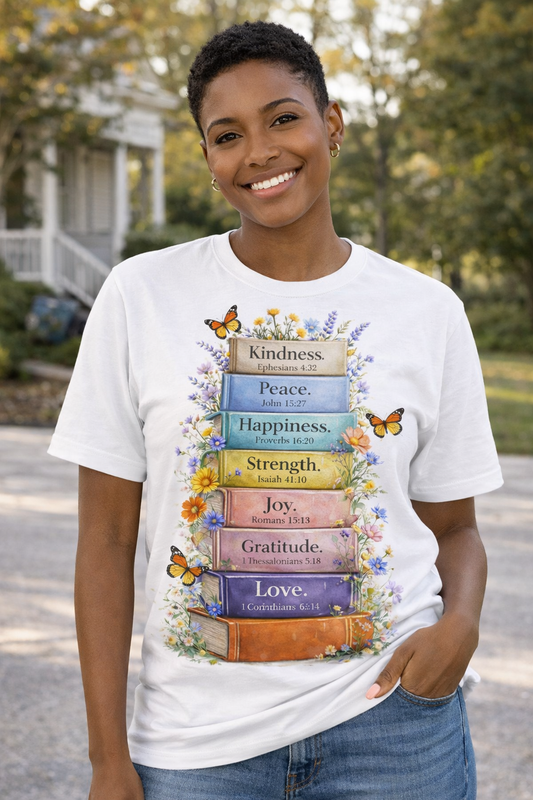Christian Books of the Bible Values Shirt – Kindness Peace Joy Love Scripture Tee – Faith Floral Stack Design – Inspirational Christian Gift for Women