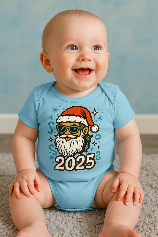 Cool Santa 2025 Baby Onesie – Light Blue Holiday Bodysuit for Boys & Girls, Retro Santa with Sunglasses, Cute Christmas Baby Outfit