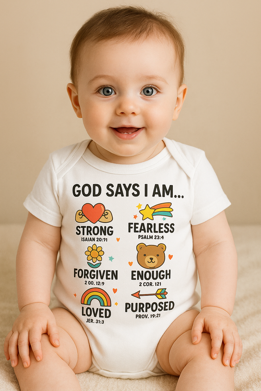 God Says I Am Baby T-Shirt – Inspirational Bible Verse Tee for Boys & Girls Infant Fine Jersey Bodysuit