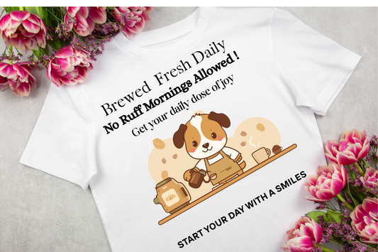 Brewed Fresh Daily – No Ruff Mornings Allowed | Funny Dog & Coffee Shirt | Cute Gift for Pet Moms & Coffee Lovers