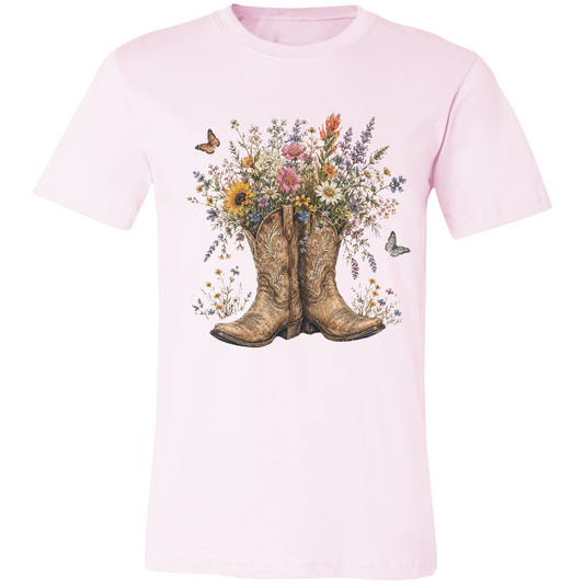 Unisex Jersey Short Sleeve TeeWildflower Cowboy Boots Shirt | Western Floral T-Shirt | Rustic Cowgirl Graphic Tee | Country Style Shirt | Vintage Western Flower Tee | Farmhouse Gift for Women