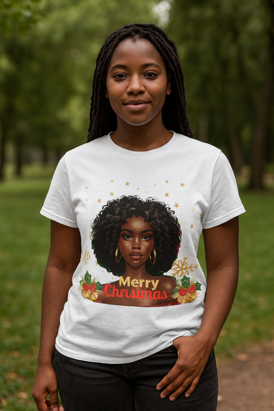 Merry Christmas Black Woman Shirt – Beautiful Afro Woman Holiday Tee – Christmas Queen Graphic Shirt – Festive Winter Gift for Women Unisex Triblend Tshirt