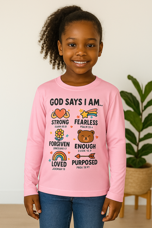 Kids Long Sleeve Bible Verse Tee – “God Says I Am” Positive Affirmation DesignYouth Long Sleeve Performance Tee