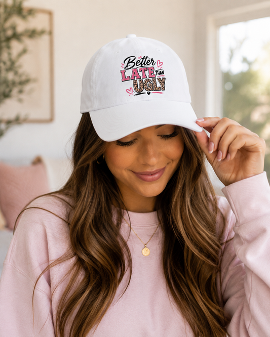 Better Late Than Ugly Trucker Hat | Funny Hat for Women | Trendy Pink Leopard Patch Cap | Cute Graphic Baseball Hat | Gift for Her