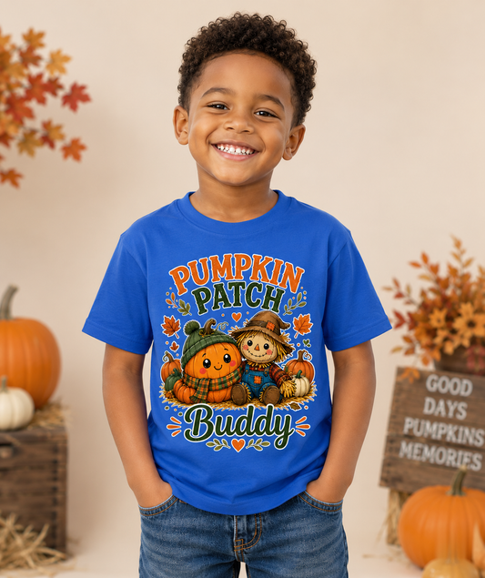 Pumpkin Patch Buddy Kids Fall Halloween T-Shirt | Cute Pumpkin & Scarecrow Autumn Shirt for Boys and Girls