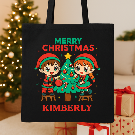 Personalized Kawaii Christmas Tote Bag • Custom Name Gift • Cute Anime Elf Kids Christmas Tree Bag • Holiday Gift Bag for Girls & Boys