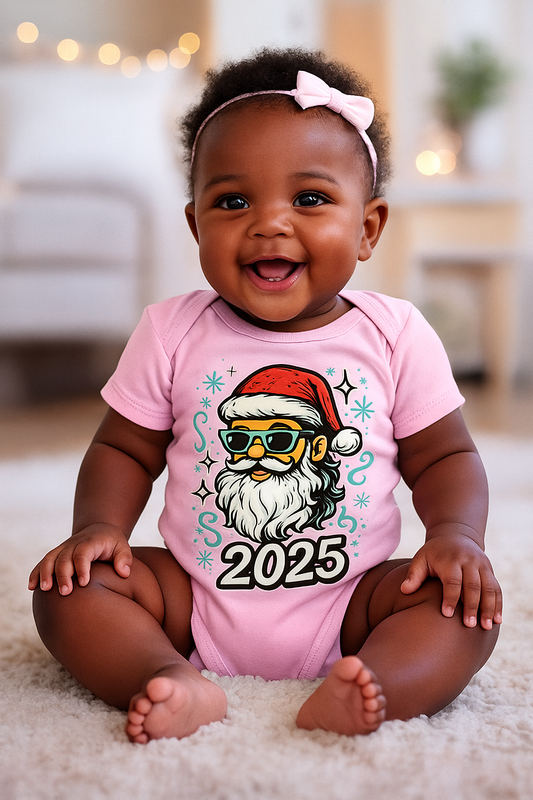 Cool Santa 2025 Baby Onesie – Light Blue Holiday Bodysuit for Boys & Girls, Retro Santa with Sunglasses, Cute Christmas Baby Outfit
