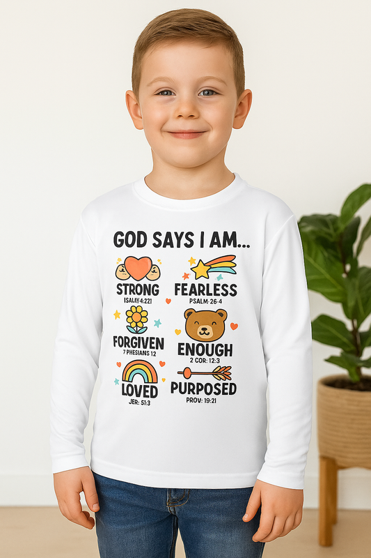 Kids Long Sleeve Bible Verse Tee – “God Says I Am” Positive Affirmation DesignYouth Long Sleeve Performance Tee