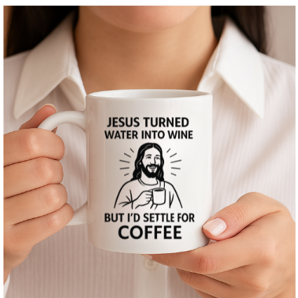 Jesus Turned Water Into Wine But I’d Settle for Coffee | Funny Christian Mug | 15oz White Faith & Humor Gift Cup