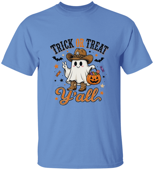 Trick or Treat Y'all Kids Halloween Shirt – Cute Cowboy Ghost Western Halloween Tee for Boys & Girls