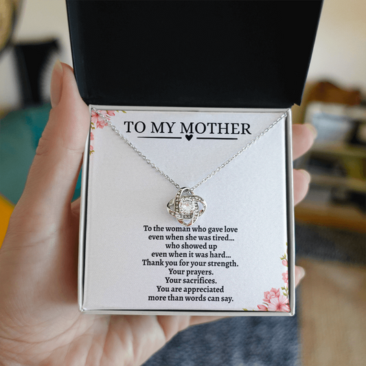 Love Knot Necklace. features  Personalized Message – Custom Engraved Necklace, Gift for Mother
