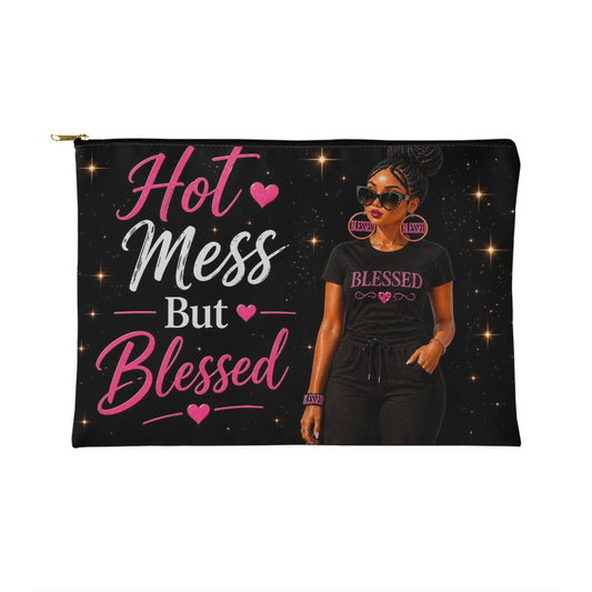 Hot Mess But Blessed Makeup Bag – Inspirational Cosmetic Pouch, Faith-Based Zipper Bag, Cute Travel Organizer Gift for Women