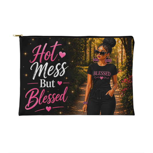 Hot Mess But Blessed Makeup Bag – Inspirational Cosmetic Pouch, Faith-Based Zipper Bag, Cute Travel Organizer Gift for Women