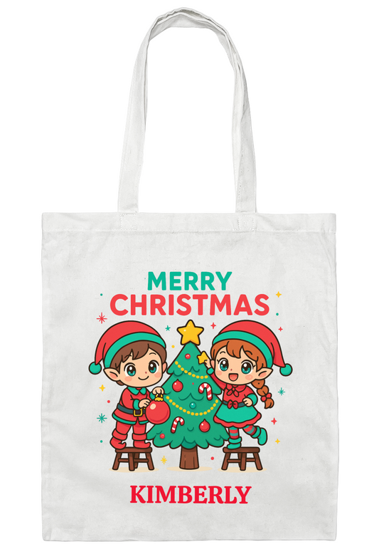 Personalized Kawaii Christmas Tote Bag • Custom Name Gift • Cute Anime Elf Kids Christmas Tree Bag • Holiday Gift Bag for Girls & Boys